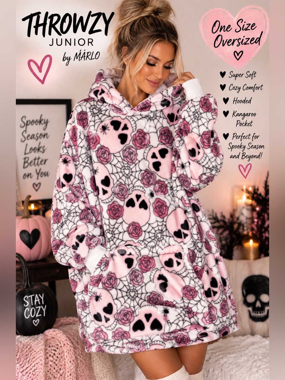 Throwzy Junior Pink Skull Rose Spiderweb Oversized Hoodie One Size NWT